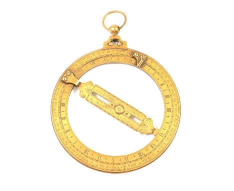 Early 18th century brass equinoctial ring, by Thomas Heath, two folding dials with central rotating bar, signed T Heath Fecit