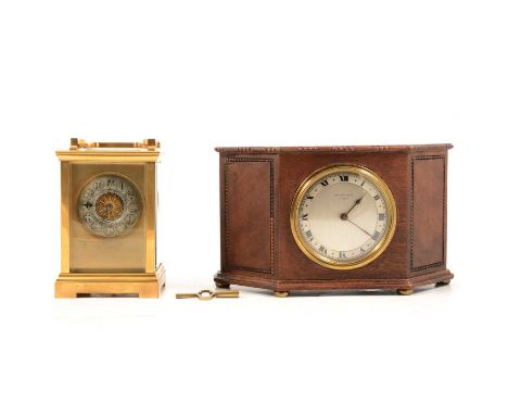 French brass carriage-clock, plain case, silvered dial, timepiece movement, 14cm; and a mahogany mantel clock.Qty: 2