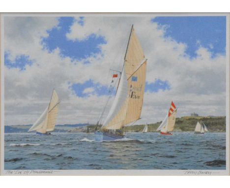 R Lasal,Sailing boat,oil on canvas, signed,18x23cm,two print of racing off the Isle of Wight, and print of fishing boats.