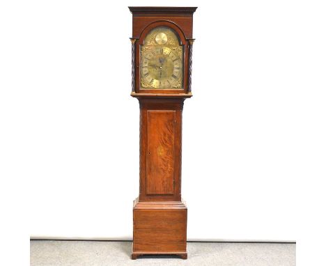 Scottish mahogany longcase clock, the hood with dentil and cavetto cornice, Corinthian columns, long door with vase of flower