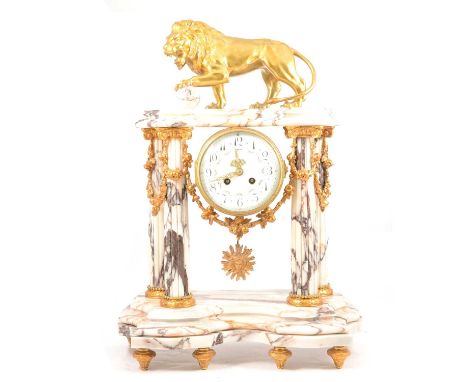 Louis Philippe style marble and gilt metal portico clock, drum-shape casing, white enamelled dial with painted swags, cylinde