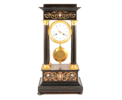 French portico clock, brass, ivory and mother-of-pearl inlaid case, circular enamelled dial with Roman numerals, signed Rouil