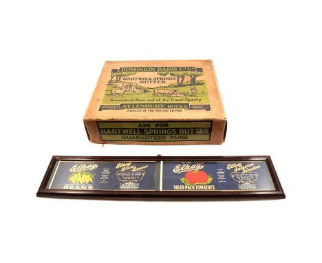 Vintage Dominion Dairy box, grinder, wood samples, enamelled tray, wooden seive and barrel, framed labels.