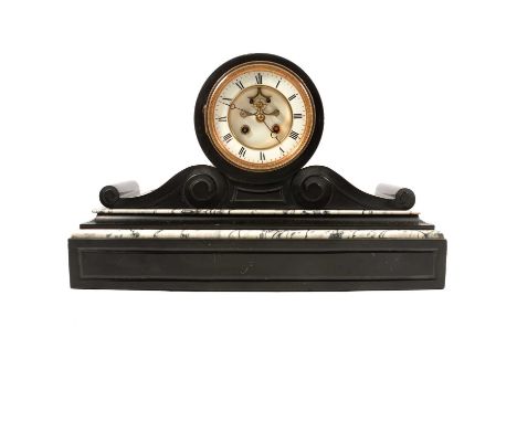 French black marble mantel clock, white enamelled chapter-ring, visible escapement, eight-day cylinder movement, by S Marti &