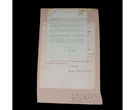 Signed letter from Lord Baden Powell, a letter of thanks to Mr Clarkson for concessionary charges for wigs, etc., for the Boy