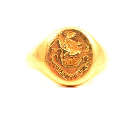 18ct gold seal signet ring, Sheffield 1911, bearing the armorial and motto - Ne Quid Falsi - of the Wollaston family of Shent