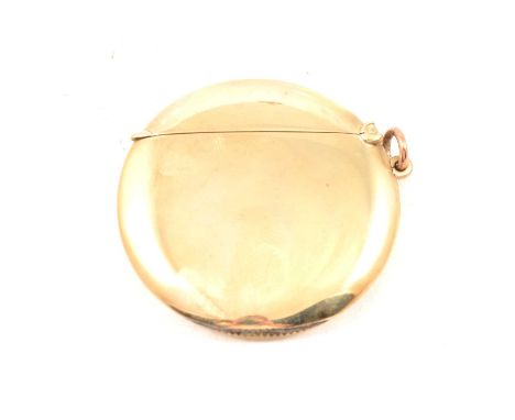 George V 9ct gold vesta case, Deakin &amp; Francis, Birmingham 1911, circular, not engraved, plain suspension ring, diameter 