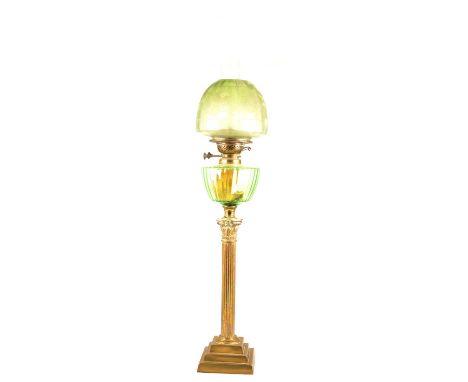 Victorian oil lamp, clear glass chimney, etched green glass shade and reservoir, brass Corinthian column, 94cm.Condition repo