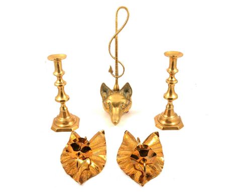 Brass fox mask door stop, 40cm, pair of candlesticks, pair of girandole with single sconces, and a copper coaching horn with 