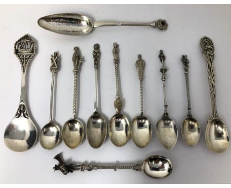 Assorted silver coloured metal and other travel/commemorative spoons, some with enamel decoration11 ozt, various dates and ma