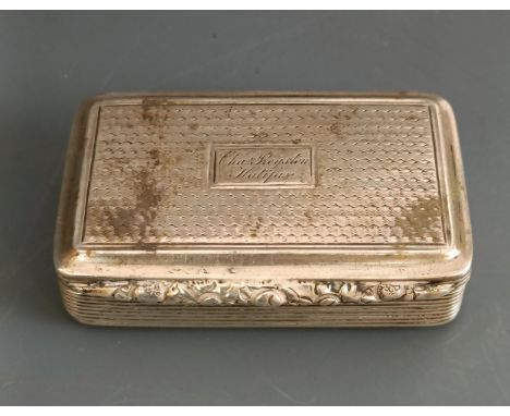 A George IV silver snuff box, named and with engine turned decoration, Birmingham 1826, 5.5 cm wide, 1.1 ozt 