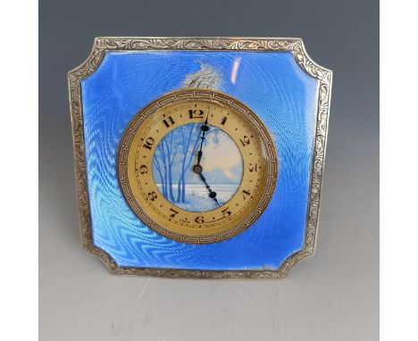 A silver coloured metal and enamel strut dressing table desk clock, with Arabic numerals, 9 cm wideChip to enamel above the 1