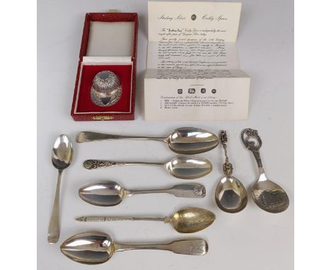 A reproduction silver jockey cap caddy spoon, boxed, and a group of other assorted spoonsApprox. 5 ozt, including some SCM 