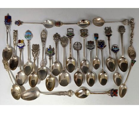 Assorted silver coloured metal and other travel/commemorative spoons, some with enamel decoration10 ozt 