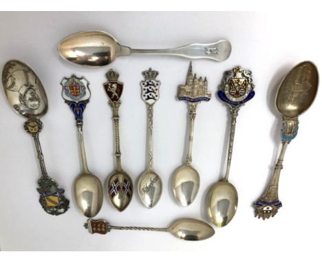 Assorted silver coloured metal and other travel/commemorative spoons, some with enamel decoration10 ozt 