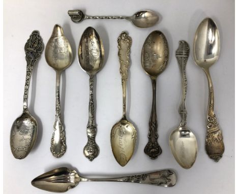 Assorted silver coloured metal and other travel/commemorative spoons, some with enamel decoration10 ozt 