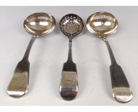 A George III silver ladle, another, and a silver plated ladle (3) 