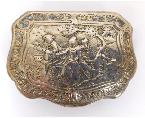 A Continental silver coloured metal snuff box, of shaped rectangular form, embossed figures , 2.4 ozt 