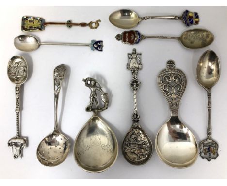 Assorted silver, silver coloured metal and enamel souvenir and other spoons10.1 ozt 