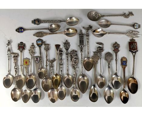 Assorted silver coloured metal and other travel/commemorative spoons, some with enamel decoration10 ozt 