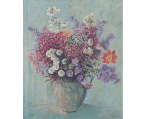 K. HINWOOD "Still life study of flowers in green ovoid vase", oil on canvas, signed and dated 1956 bottom right, 61 cm x 51.5