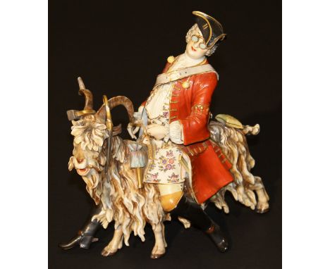 An 18th Century Ludwigsburg figure of "Count Bruhl's tailor riding a goat" after the original by J J Kandler, the Count weari