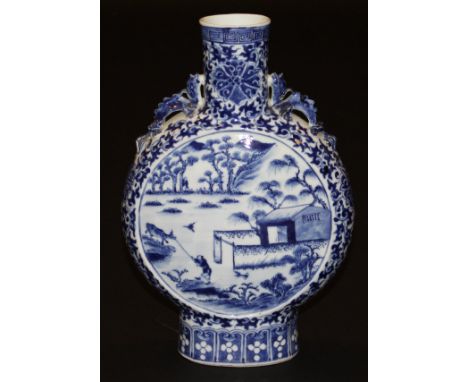 A Chinese porcelain moon flask, decorated in underglaze blue to both sides with figures in a landscape, a gentleman with ox a