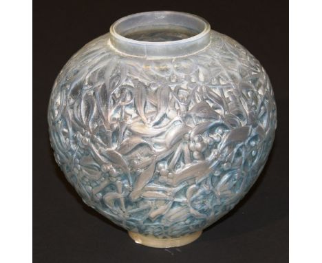 A Lalique "Gui" (Mistletoe) pattern vase with blue infill decoration, stamped to base "Lalique France", 17 cm high CONDITION 