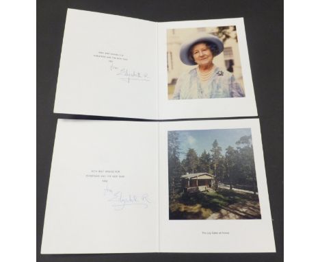 A Christmas card from HRH Elizabeth The Queen Mother 1983 signed "From Elizabeth R", and another depicting The Log Cabin at P