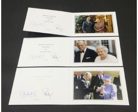 Three Christmas cards from Her Majesty The Queen and Prince Philip for 2010, 2011 and 2012, each signed (probably autopen) "E
