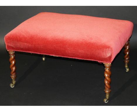A Victorian upholstered rectangular stool of large proportions, the plain top on oak barley-twist supports to good quality br