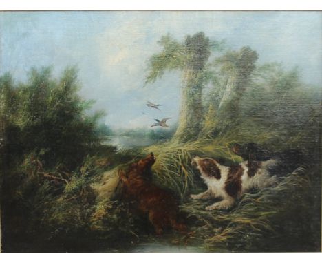 GEORGE ARMFIELD (1810-1893) "Spaniels putting up Mallard from rivers edge", oil on canvas, 46 cm x 61 cm (Provenance : Christ