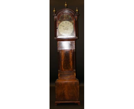 A 19th Century mahogany cased long case clock, the eight day movement with painted arched dial and sawmill automaton, the cha