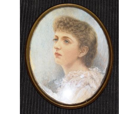 J. E. CORRIES "Ethel Jenning", miniature portrait study on ivory, signed bottom right, 11 cm x 8.5 cm CONDITION REPORTS Card/