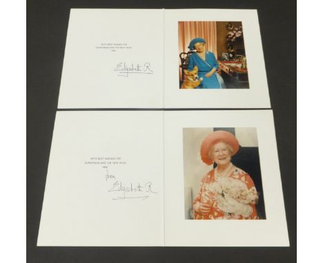A Christmas card from HRH Elizabeth The Queen Mother depicting the Queen Mother with bunch of flowers 1992 signed "From Eliza