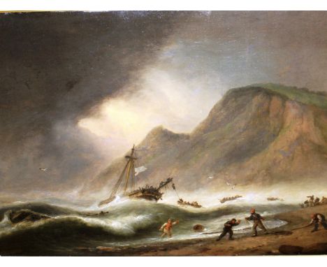 THOMAS LUNY (1759-1837) "The rescue", study of stormy coastal landscape with ship near to shore and figures ferrying sailors 