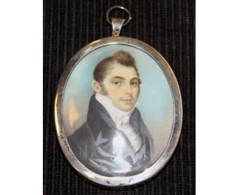 EARLY 19TH CENTURY ENGLISH SCHOOL "Gentleman in black coat with white stock", portrait bust, oval miniature oil on ivory, uns