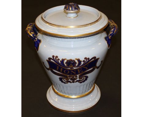 A Victorian Samuel Alcock blue glazed pottery honey jar and cover of tapered baluster form with acanthus decorated handles, d