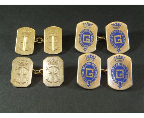 A pair of gold cufflinks bearing Royal cypher and "G" for George Duke of Kent and a pair of 9 carat gold cufflinks with initi