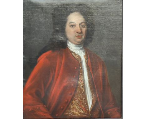 18TH CENTURY ENGLISH SCHOOL "Gentleman in red coat with white stock" and "Lady in gold embellished white dress", portrait stu