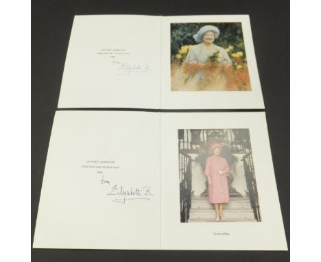A Christmas card from HRH Elizabeth The Queen Mother depicting the Queen Mother amongst flowers 1988 signed "From Elizabeth R