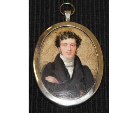 EARLY 19TH CENTURY ENGLISH SCHOOL "Gentleman with arms folded in black coat and white stock", portrait bust, miniature oil on