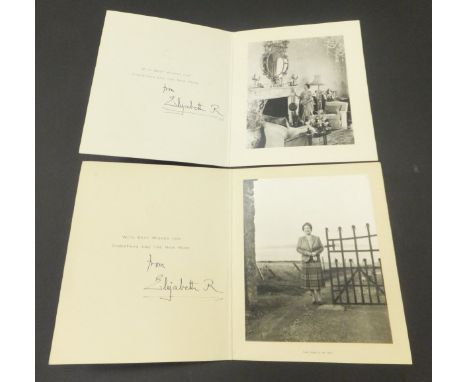 An unframed Christmas card depicting the Queen Mother by the gates of the Castle of Mey signed "From Elizabeth R", together w