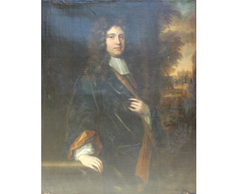 ENGLISH SCHOOL IN THE MANNER OF SIR GODFREY KNELLER (1646-1723) "Andrew Barker of Fairford", portrait study with country hous