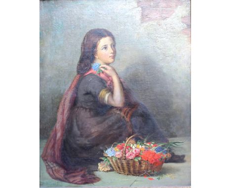 B. ROBERTS "Flower girl seated by wall", oil on canvas, signed and dated 74 lower left, 70 cm x 57 cm CONDITION REPORTS Overa