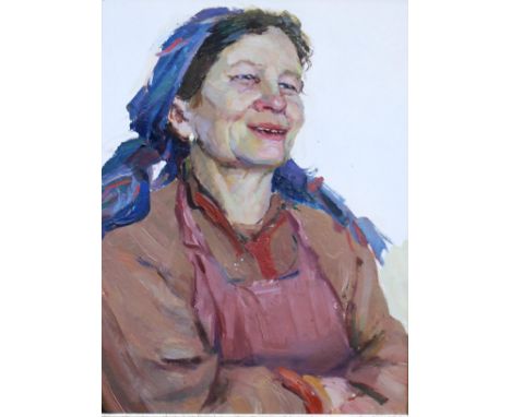 20TH CENTURY RUSSIAN SCHOOL "Portrait of a peasant woman in red tunic and blue headscarf", oil on canvas, unsigned, with insc