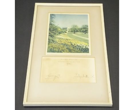 A framed and glazed image of "Buckingham Palace Spring 1950" adapted from the 1951 Christmas card signed "George R" and "Eliz