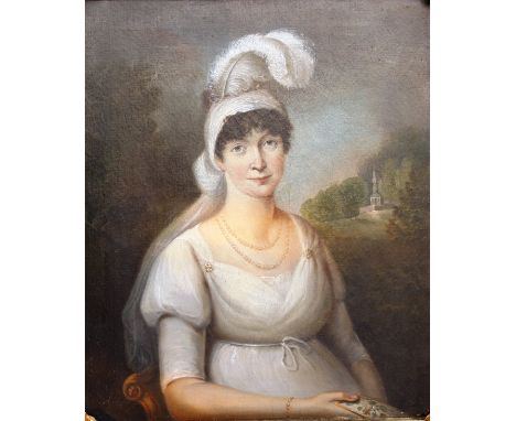 LATE 18TH CENTURY ENGLISH SCHOOL "Elizabeth Nevison", lady seated in white dress with feathered cap, half length, portrait st