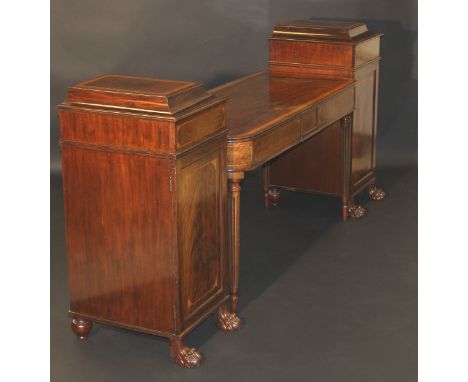 A 19th Century mahogany and inlaid sideboard, the central table with two drawers on turned fluted supports, flanked by a pair