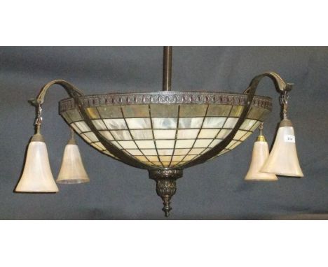 A pearlescent glass and coppered ceiling light in the Tiffany manner, the central branch holding a large bowl with graduated 